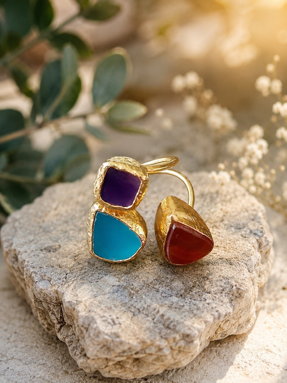 Gold Triple-Stone Ring with Purple, Turquoise & Red Stones